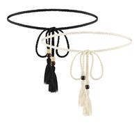 TIESOME 2 PCS Women's Skinny Tassel Waist Belt with Wooden Beads, Black + White Thin Woven Waist Rope Belt for Women Girls Godness Boho Braided Waist Belt Rope Chain for Thin Dresses Skirts Tunics