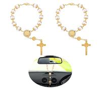 TIESOME 2Pcs Car Rosary, Rearview Mirror Auto Rosary Car Cross Blessing Catholic Medal for Truck Bike Motorcycle Car Mirror Hanging Accessories Decor (Gold)