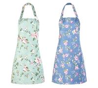 TIESOME 2Pcs Floral Aprons for Women with Pockets, Adjustable Kitchen Apron Cute Rose Floral Aprons Chef Bakers Apron Cooking Pinafores for Cooking Baking Gardening Gift for Mom Wife Sister Grandma
