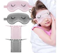 TIESOME 2Pcs Sleep Mask for Kids, Smooth Silk Soft Eye Cover Funny Blindfold Lightweight Night Sleep Eye Masks with 2 Storage Bags for Kids Girls（Gray, Pink）