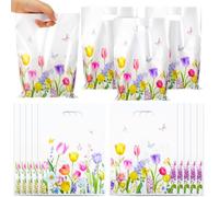 TIESOME 50 Pcs Plastic Party Favor Bags, Tulip Flower Gift Bag Spring Floral Treat Bags with Handle for Women Birthday Wedding Bridal Shower Supplies