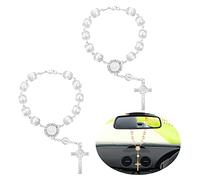 TIESOME Car Rosary for Rearview Mirror, 2 Pieces Car Mirror Hanging Cross Auto Rosary Rear View Mirror Pendant Car Hanging Accessories Interior Decors for Women Men (White、Gold) (White)