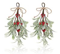 TIESOME Christmas Mistletoe Decor, 2 Pcs Artificial Mistletoe Ornament Mistletoe Hanging Decorations Glitter Christmas Tree Accessories Artificial Dry Leaf Hanging Decoration for Tree Door(Red)