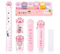 TIESOME Cute Cat Paw Stationery Set, 7 Pcs Kawaii Cartoon School Supplies Includes Sharpener Retractable Eraser Correction Tape Sticky Notes Ruler Eraser Replacement Core for Cat Lovers Students