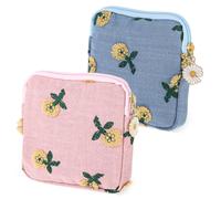 TIESOME Daisies Sanitary Napkin Storage Bag, 2 Pcs Embroidery Menstrual Cup Pouch Cotton Soft Period Holder Bag Portable Tampon Holder Pad Pouch Period Kit Bag for Women Teen Girls (Blue+Pink)