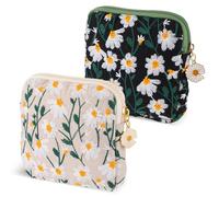 TIESOME Daisies Sanitary Napkin Storage Bag, 2 Pcs Embroidery Menstrual Cup Pouch Cotton Soft Period Holder Bag Portable Tampon Holder Pad Pouch Period Kit Bag for Women Teen Girls (Beige+Black)
