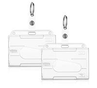 TIESOME ID Card Badge Holder with Keyring, 2 Pack Heavy Duty Badge Holders Keychain Hard Plastic Clear Card Protector Thumb Slot Card Case School Office Supplies(Horizontal)