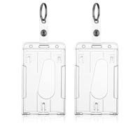 TIESOME ID Card Badge Holder with Keyring, 2 Pack Heavy Duty Badge Holders Keychain Hard Plastic Clear Card Protector Thumb Slot Card Case School Office Supplies(Vertical)