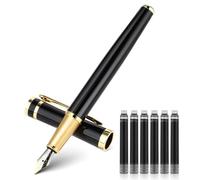 TIESOME Luxury Metal Fountain Pen Set, 0.5mm Fine Nib Fountain Pen with 6 2.6mm Black Ink Cartridges Smooth Writing Pen Gift for Business Office Journaling Men Women