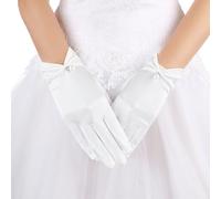 TIESOME Short Satin Gloves for Women - White Pearl Wedding Bridal Gloves, Wrist Length for Opera Banquet 1920s Flapper Tea Party Tuxedo Accessories
