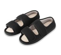 TIESTRA Men's Adjustable Open Toe Slippers, Wide Fit House Slippers with Double Touch-Fastening Straps, Memory Foam Insole, Soft Velvet Lining, Non-Slip Sole, Easy Slip-On Home Shoes, Black UK12/EU 46