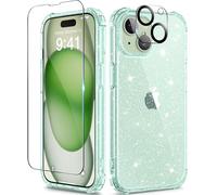 TIESZEN Compatible with iphone 15 Case Clear Glitter, with 2X Screen Protectors + 2X Camera Lens Protectors,【Non-Yellowing 】 Clear Sparkle Slim Shockproof Phone Cover for Women 6.1 Inch, Shiny Green