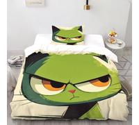 TIFFAN Angry Green Cat 2 Pcs Bedding Set Animals Cartoon 3D Printed King Size Teen Soft Microfiber With Sheet Pillowcases Single(135x200cm)