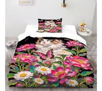 TIFFAN Cat Among Flowers 2 Pcs Quilt Cover Animal Cartoon Animal 3D Printed King Size for Kids Zipper Closure With Sheet Pillowcases Single（135x200cm）