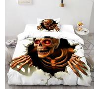 TIFFAN Redeyed Skeleton 2 Pcs Bedding Set Halloween Cartoon Dark Fantasy 3D Printed King Size Boys Zipper Closure With Sheet Pillowcases Single(135x200cm)
