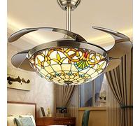 Tiffany Ceiling Fan with Light, Metal Ceiling Chandelier 42in LED Remote Control Ceiling Light with Retractable Blade Dimmable Lighting Fan,Opaque Blades