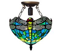 Tiffany Ceiling Light 10in Teal & Green Dragonfly - Stained Glass Shade