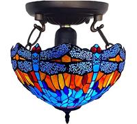 Tiffany Ceiling Light 16in Blue & Amber Dragonfly - Stained Glass Shade