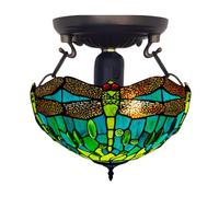 Tiffany Ceiling Light 16in Teal & Green Dragonfly - Stained Glass Shade