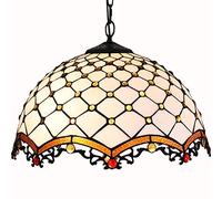 Tiffany Crystal Bead Chandelier, Victorian Art Ceiling Pendant Light Fixture,16" Gold Beads Cream Stained Glass Shade,35" Metal Hanging Chain Hanging Lamp for Living Room Bedroom Kitchen Island