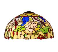 Tiffany Dragonfly Lamp Shade Replacement, 18" Stained Glass with Red Beads, Blue Pink Flowers & Green Leaves for Table, Pendant & Floor Lamps.