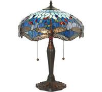 Tiffany Glass Table Lamp Light Dark Bronze Base & Blue Dragonfly Shade I00192