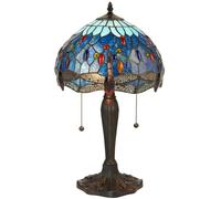 Tiffany Glass Table Lamp Light Dark Bronze Base & Blue Dragonfly Shade I00193
