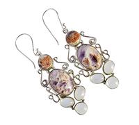 Tiffany Jasper & Rainbow Moonstone Dangle Earrings 925 Silver Boho Cabochon Gemstone Drop Earrings Multicolor Handmade Long Earrings Gift for Women Artistic Jewelry