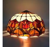 Tiffany Lamp Shade, 16 Inch Pink Red Tulips Ceiling Light Shade Replacement, Handmade Vintage Home Art Deco Stained Glass Lampshade for Table Lamp Pendant Light Floor Lamp(Rosso)