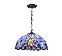 Tiffany Pendant Hanging Lamp 16" Blue Stained Glass Shade Ceiling Lamp 1-Light Boho Decor Chandeliers for Bedroom Kitchen Dining Living Room Entry Hallway