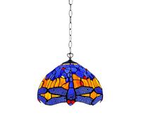 Tiffany Pendant Light 10in Blue & Amber Dragonfly - Stained Glass Shade