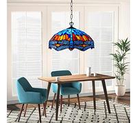 Tiffany Pendant Light 16in Blue & Amber Dragonfly - Stained Glass Shade