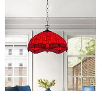 Tiffany Pendant Light 16in Scarlet Red Dragonfly - Stained Glass Shade