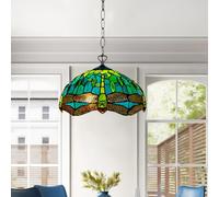 Tiffany Pendant Light 16in Teal & Green Dragonfly - Stained Glass Shade