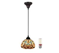 Tiffany Style 8" Pendant Lamp Vintage Glass Shade Hanging Light Fixture for Kitchen & Dining Room Adjustable Height Ceiling Chandelier Elegant Home Decor