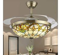 Tiffany Style Ceiling Fan with Light and Remote Control 42in Metal Chandelier LED Ceiling Light with Dimmable Retractable Blades Transparent Fan Blades for Bedroom Living Room Decoration.