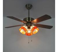 Tiffany Style Ceiling Fan with Light - Vintage Stained Glass Chandelier 5 Reversible Wooden Blades 3-Speed Silent Operation for Bedroom & Living Room Decor