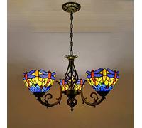 Tiffany Style Chandeliers, Stained Glass Pendant Light, 3 Light, Antique Vintage Adjustable Ceiling Light for Living Room Bedroom Dining Room,Blue Dragonfly