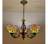Tiffany Style Dragonfly Pendant Light 3-Bulb Adjustable Vintage Chandelier Colorful Glass Ceiling Fixture for Living Room Bedroom Dining Room
