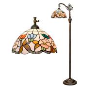 Tiffany Style Green Leaf Stained Glass Floor Lamp Vintage Pink Trumpet Flower 12" Shade Adjustable Gooseneck Corner Reading Light Elegant Home Decor