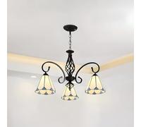Tiffany Style Modern Chandelier White Stained Glass Pendant Light Cone Shape Design 3 Light Dining Room Fixture Elegant Home Lighting for Living Room & Kitchen