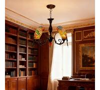 Tiffany Style Parrot Chandelier 3-Light Stained Glass Pendant Lamps Retro Art Ceiling Hanging Lights for Living Room Bedroom Study Cafe Bar,Green