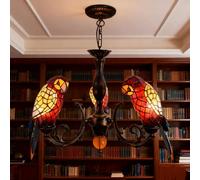 Tiffany Style Parrot Chandelier 3-Light Stained Glass Pendant Lamps Retro Art Ceiling Hanging Lights for Living Room Bedroom Study Cafe Bar,Red