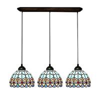Tiffany Style Pendant Hanging Lamp, 8 Inch Blue Stained Glass Dining Room Chandelier, Height Adjustable E26 Ceiling Light for Farmhouse Kitchen Island Decor,3 Light Rectangle