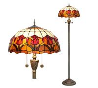 Tiffany Style Red Pink Tulip Floor Lamp 63" Stained Glass Standing Light with Green Leaf Design for Living Room Bedroom Sofa Corner Reading Bedside Decor