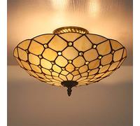 Tiffany Style Semi Flush Mount Ceiling Fixture Antique Brass Stained Glass Shade Antique LED Ceiling Lamp for Living Room Bedroom Hallway Kitchen,B