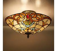 Tiffany Style Semi Flush Mount Ceiling Fixture Antique Brass Stained Glass Shade Antique LED Ceiling Lamp for Living Room Bedroom Hallway Kitchen,B