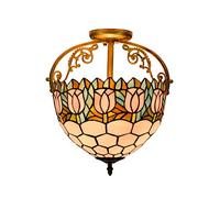 Tiffany Style Semi Flush Mount Ceiling Light, 12 Inch Stained Glass Chandelier Pink Tulips Uplighter Lamp Vintage Deco for Living Dining Room Bedroom Corridor