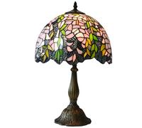Tiffany Style Stained Glass Table Lamp - Vintage Wisteria Floral Design, Handmade Pink and Green Leaded Glass Shade, Antique Art Nouveau Resin Base, 12" Decorative Accent for Living Room or Bedroom