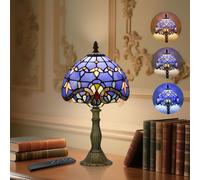 Tiffany Style Table Lamp for Bedroom - Remote Control Stained Glass Lamp with Timer, Stepless Dimmable and Colorful Glass Shade Bedside Lamps for Living Room Office, Bulb Included (Blue Baroque)